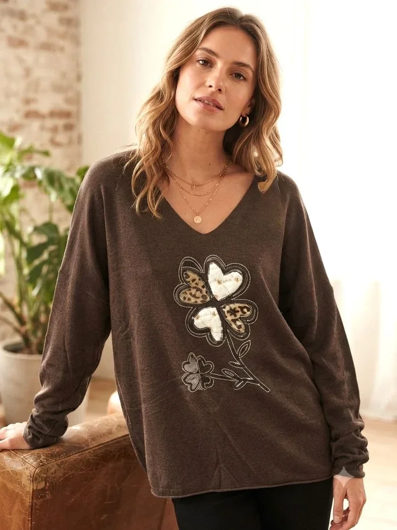 Pull col V Trèfles - Chocolat