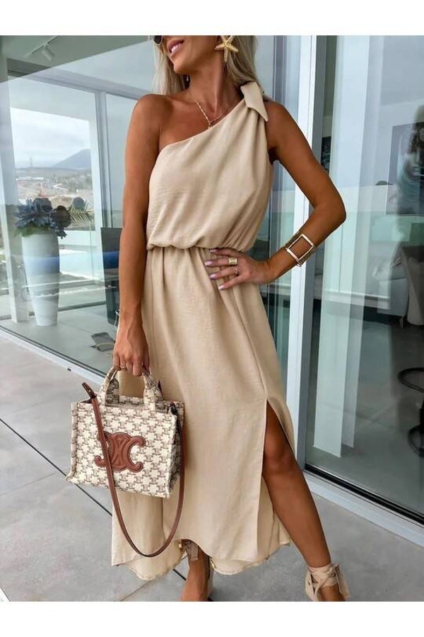 Robe longue fendue encolure asymétrique - Beige