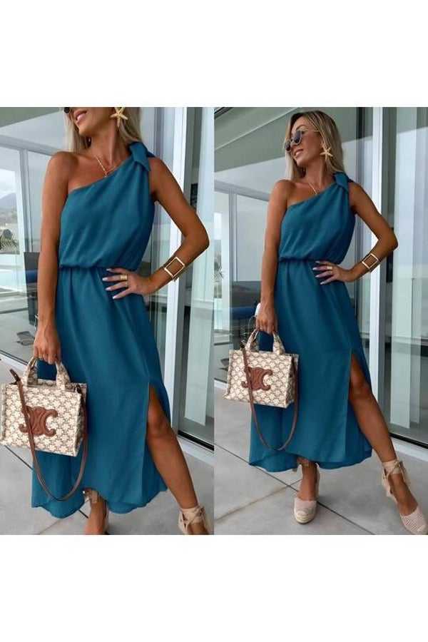 Robe longue fendue encolure asymétrique - Bleu sarcelle