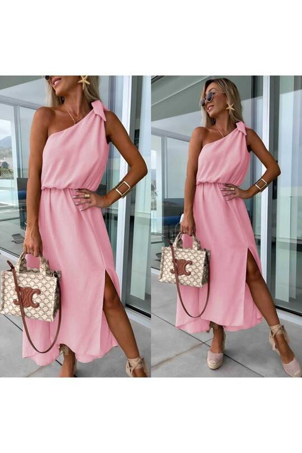 Robe longue fendue encolure asymétrique - Rose