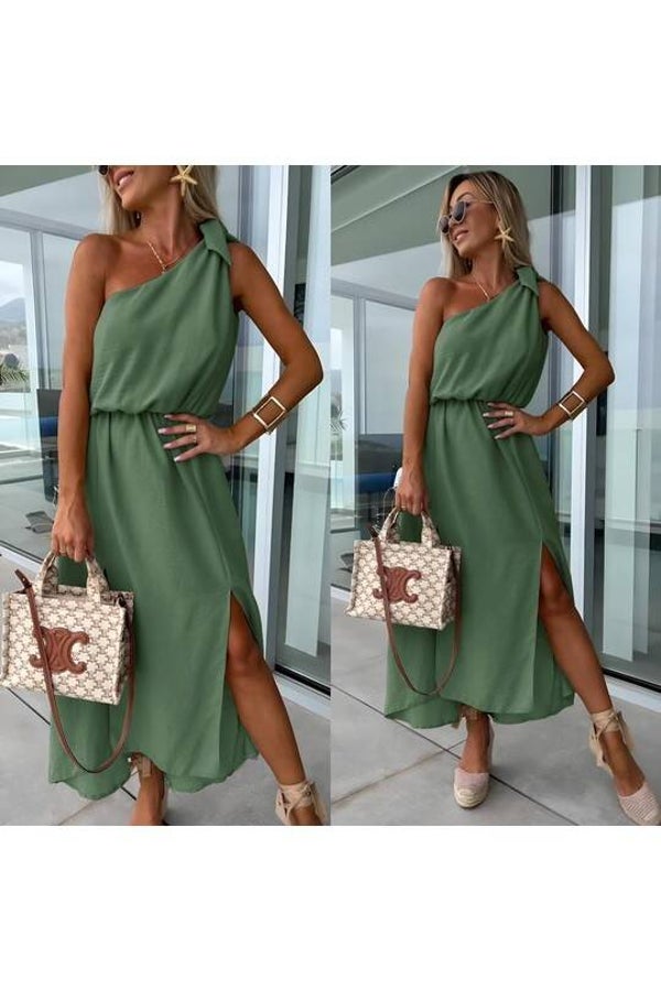 Robe longue fendue encolure asymétrique - Kaki