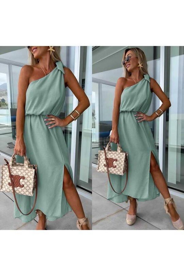 Robe longue fendue encolure asymétrique - Vert d'eau
