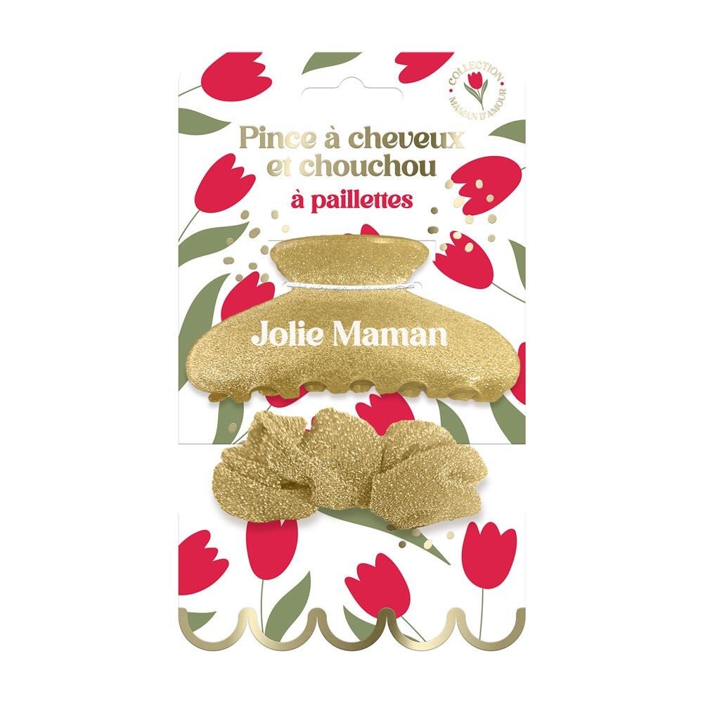 Pince Cheveux Et Chouchou A Paillettes " Jolie Maman "