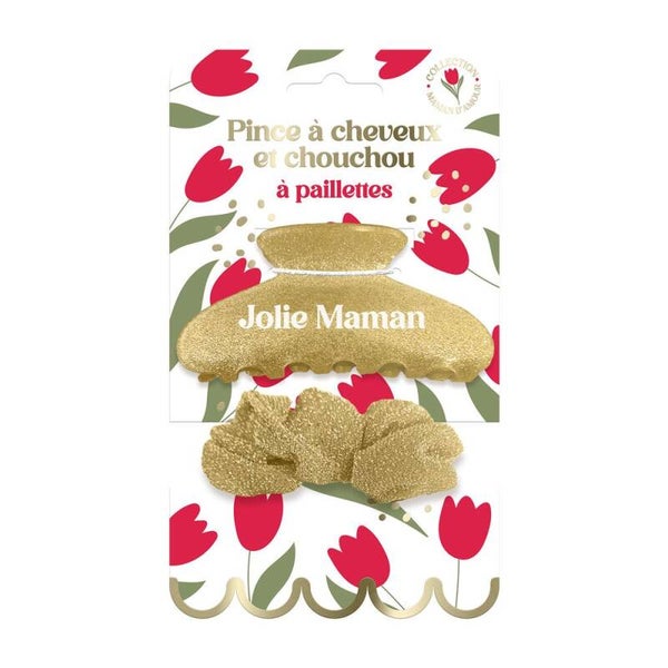Pince Cheveux Et Chouchou A Paillettes " Jolie Maman "