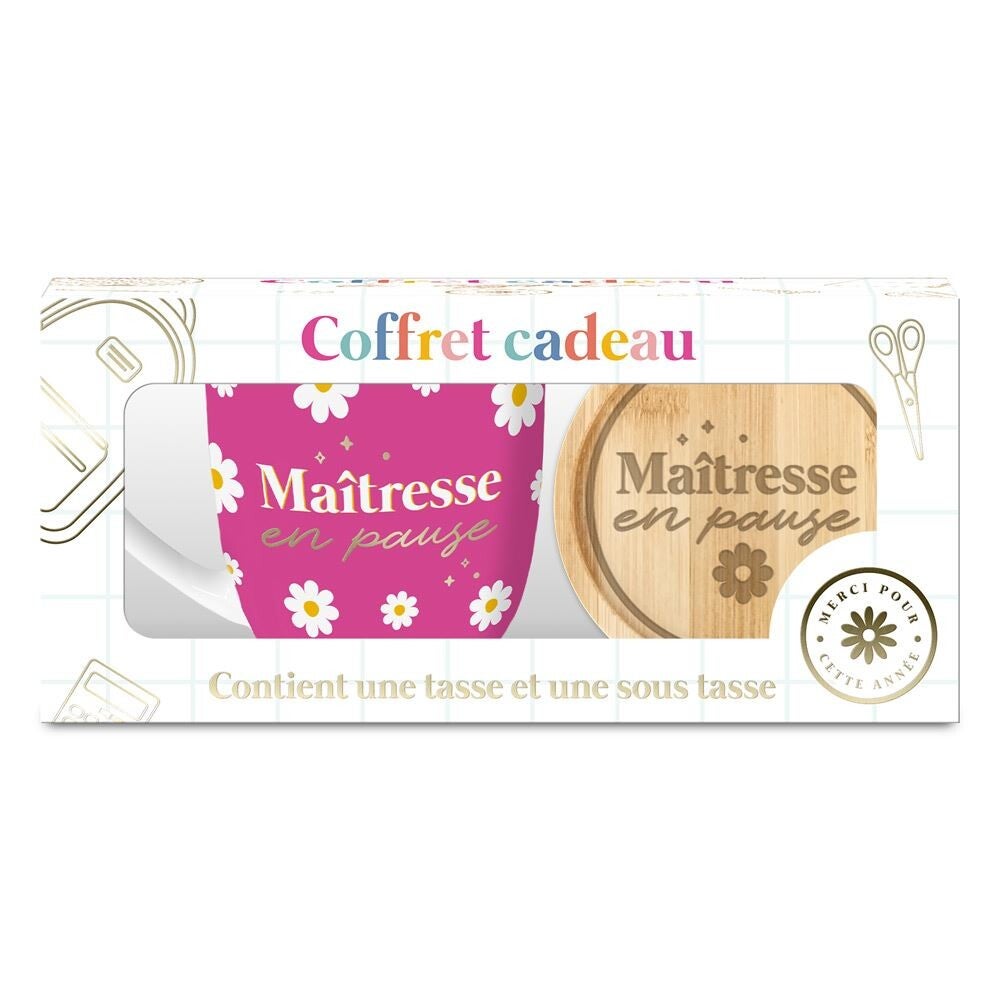Coffret tasse et sous tasse " Maîtresse en pause ! "