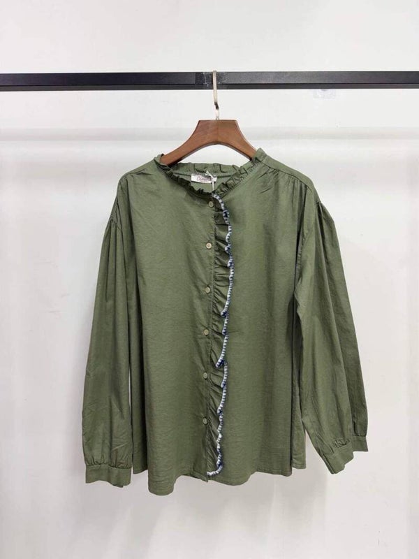 Chemise en popeline à froufrou - Kaki