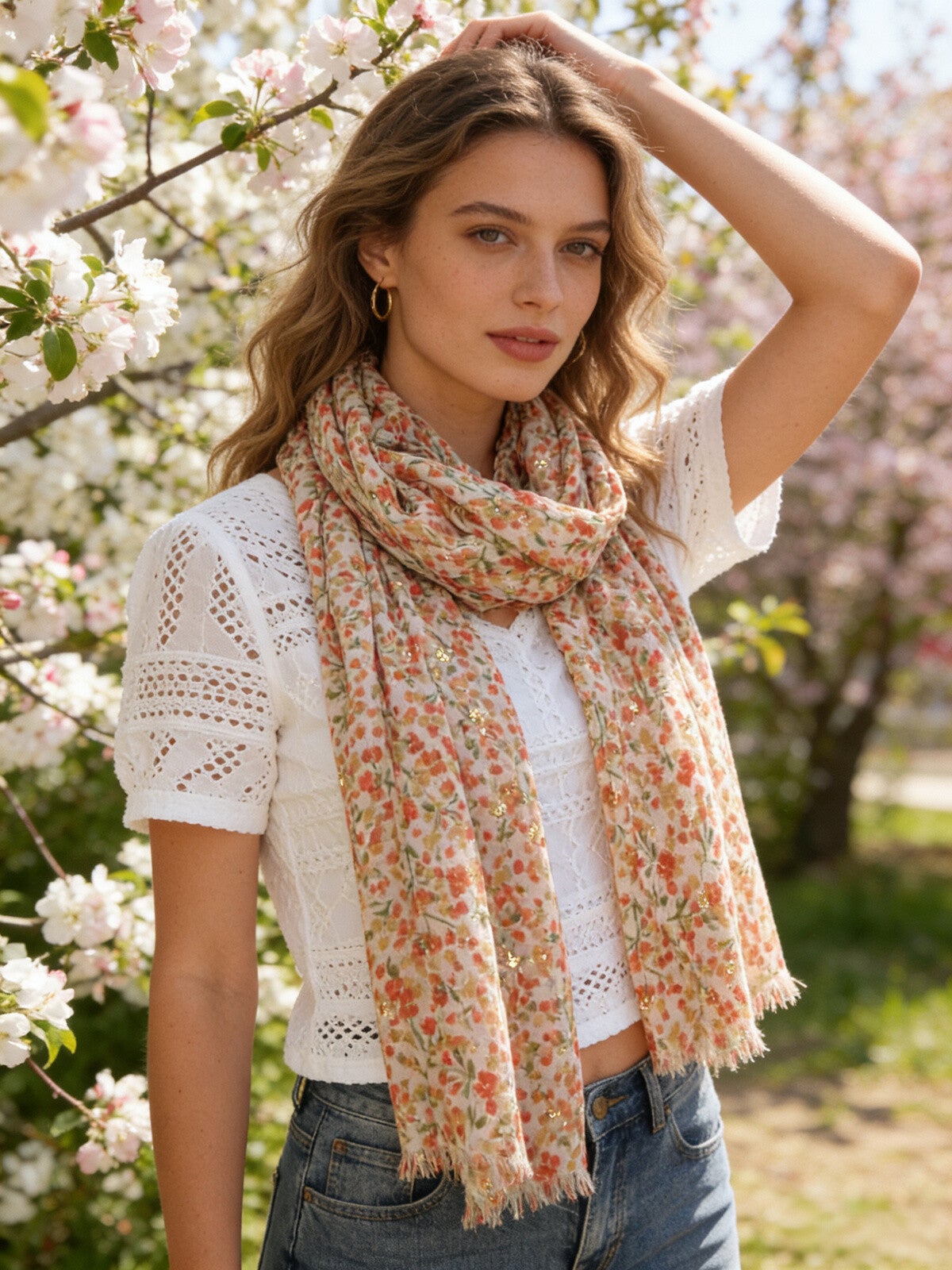 Foulard imprimé fleuris - Orange - C278