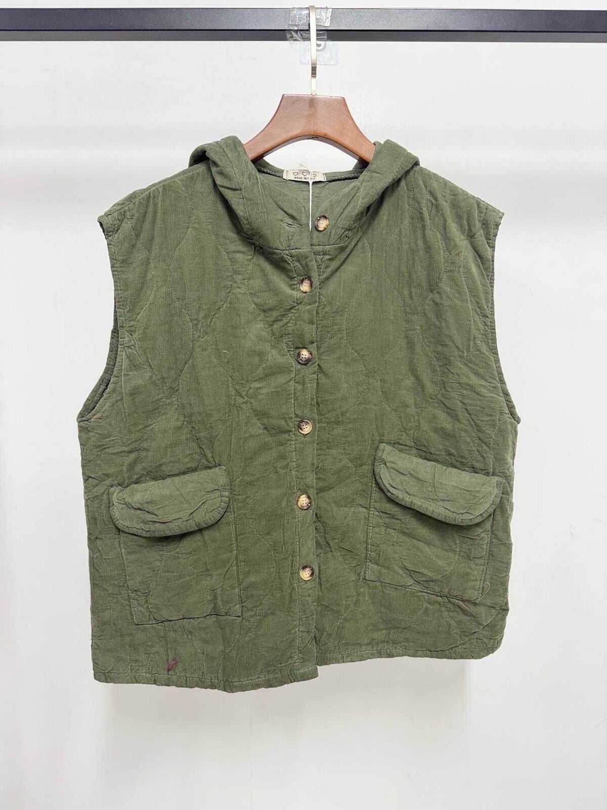 Veste à capuche matelassée en velours - Kaki