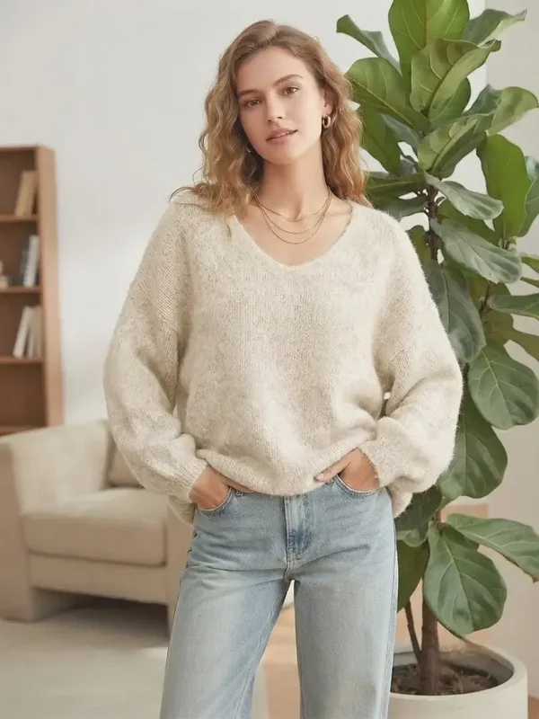 Pull moelleux col V - Beige