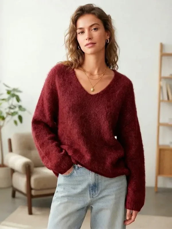 Pull moelleux col V - Bordeaux