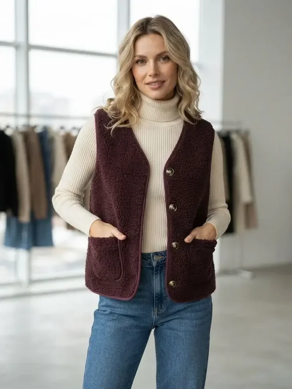 Gilet Sans Manches Style Teddy  - Bordeaux