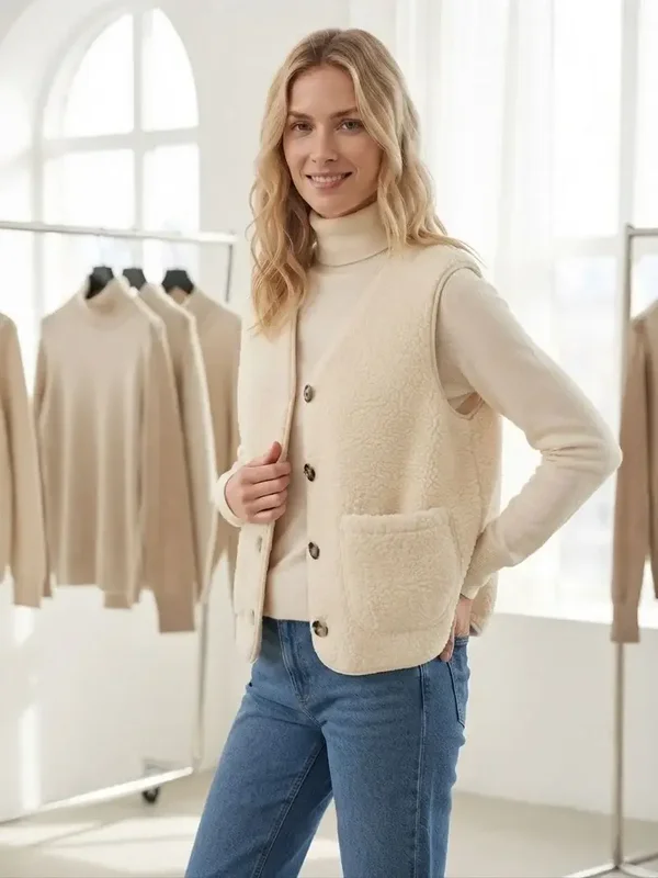 Gilet Sans Manches Style Teddy  - Ecru