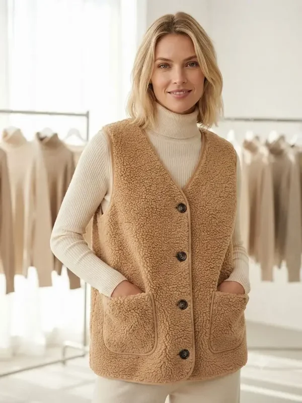 Gilet Sans Manches Style Teddy  - Camel