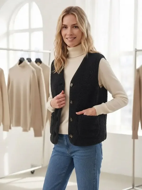 Gilet Sans Manches Style Teddy  - Noir