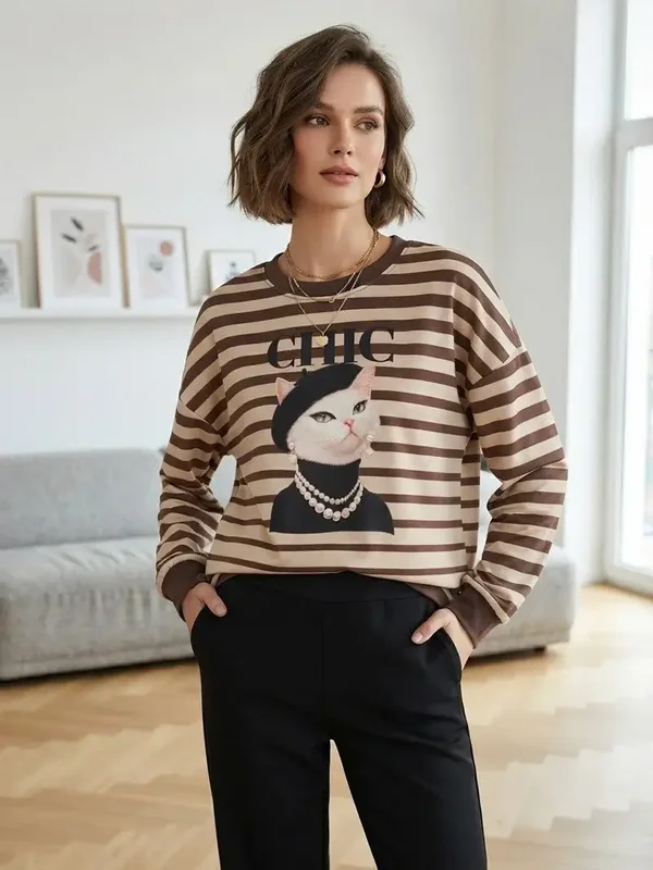 Sweat col rond - Chat blanc CHIC