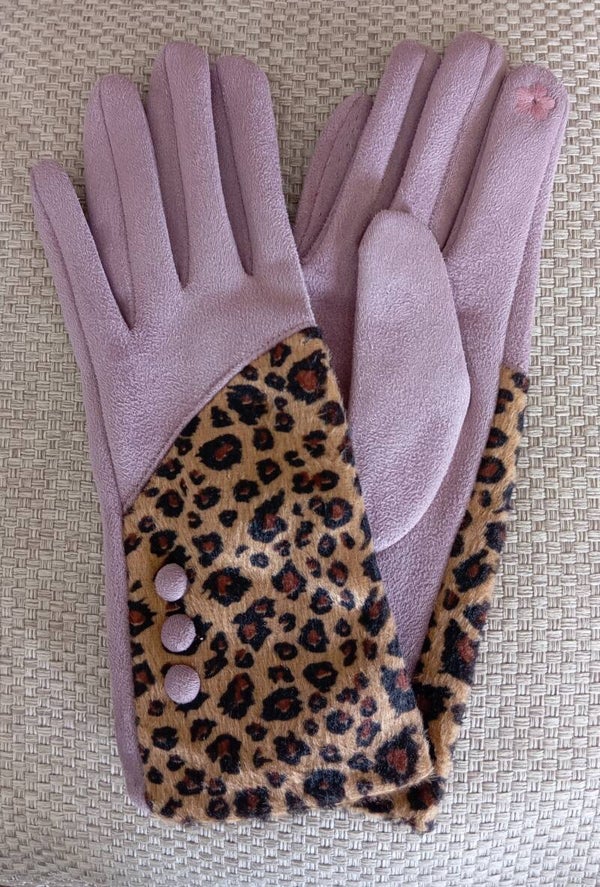 Gants suèdine vieux rose et manchettes léopard
