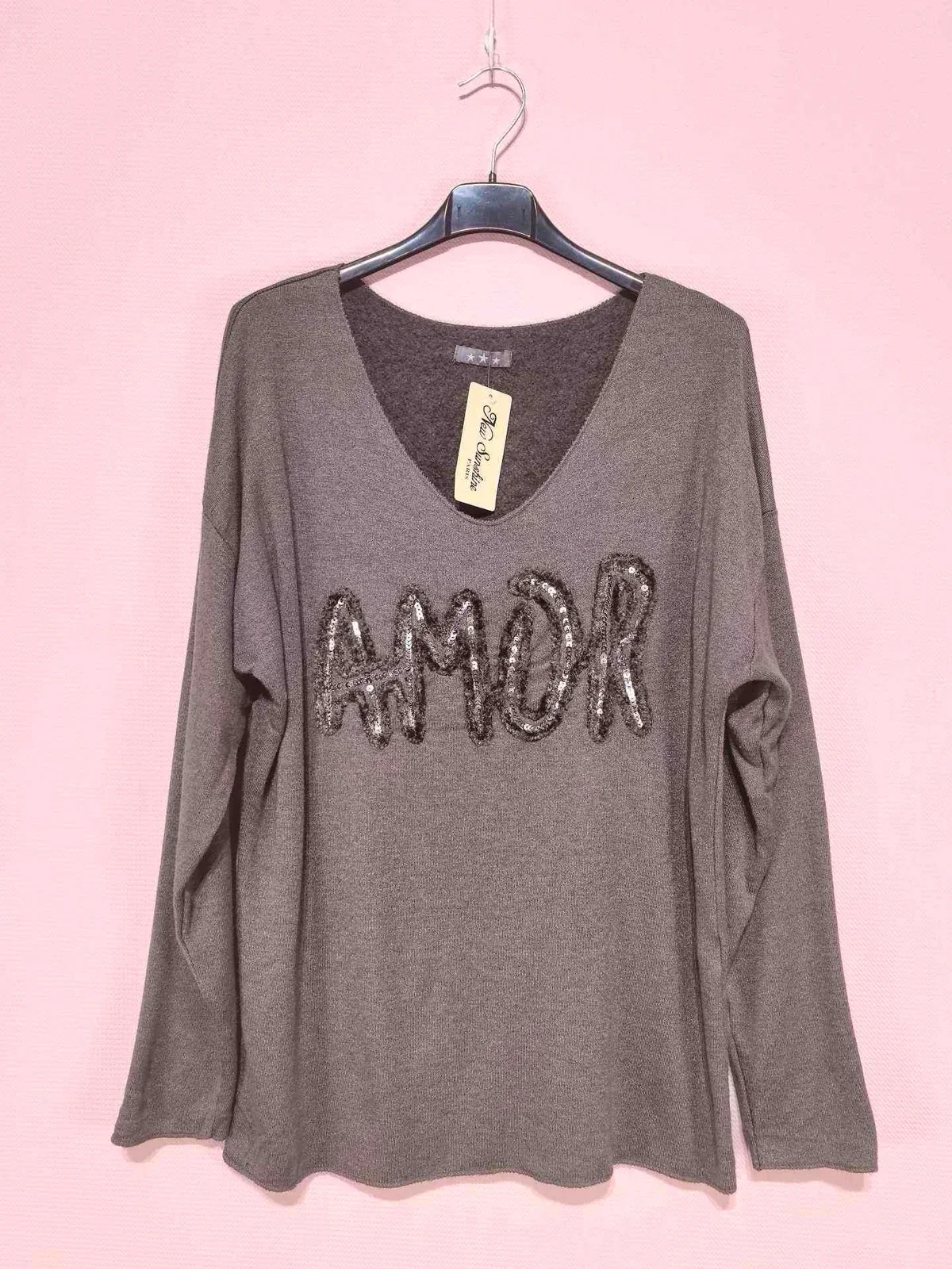 Pull col V " Amor " - Chocolat V13