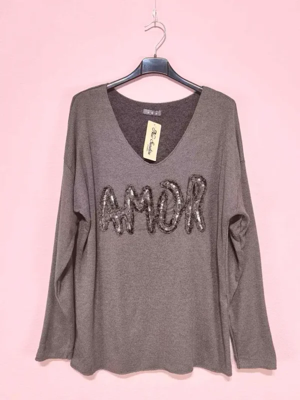 Pull col V " Amor " - Chocolat V13