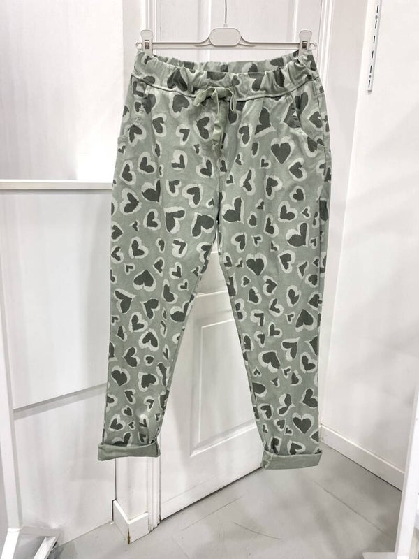 W9- Pantalon strech impression coeurs - Kaki
