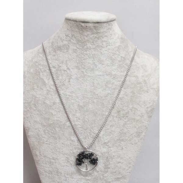 Collier Acier Inoxydable . Médaillon arbre de vie pierres onyx