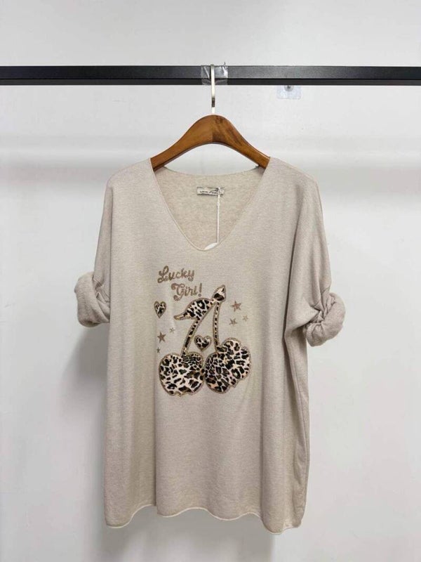 Pull col V - Cerises - Beige