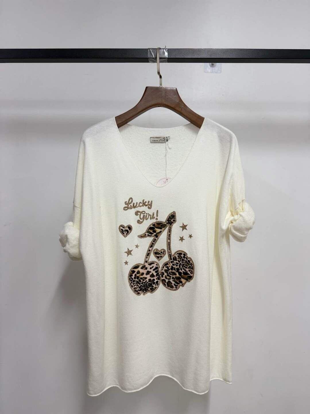 Pull col V - Cerises - Ecru
