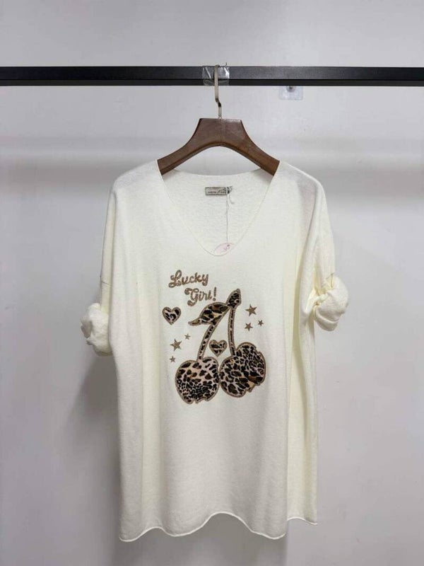 Pull col V - Cerises - Ecru