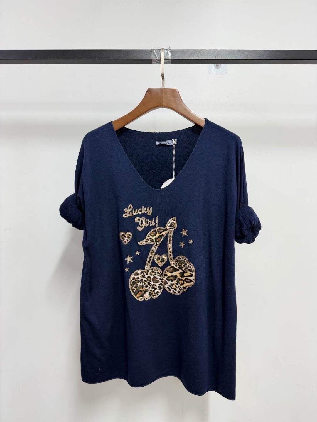 Pull col V - Cerises - Bleu Marine