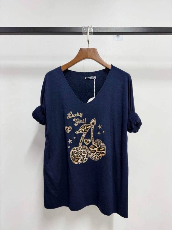 Pull col V - Cerises - Bleu Marine