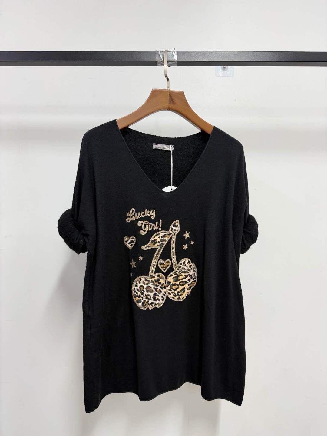 Pull col V - Cerises - Noir