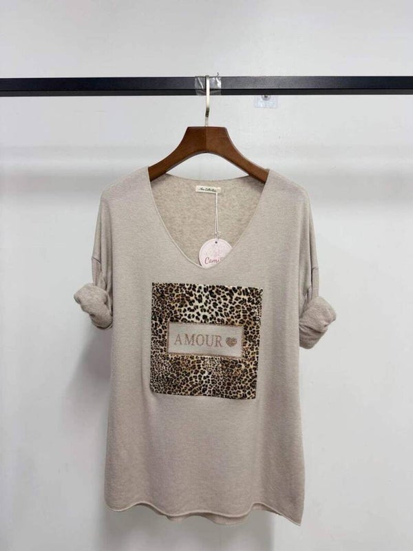 Pull col V - Amour - Beige