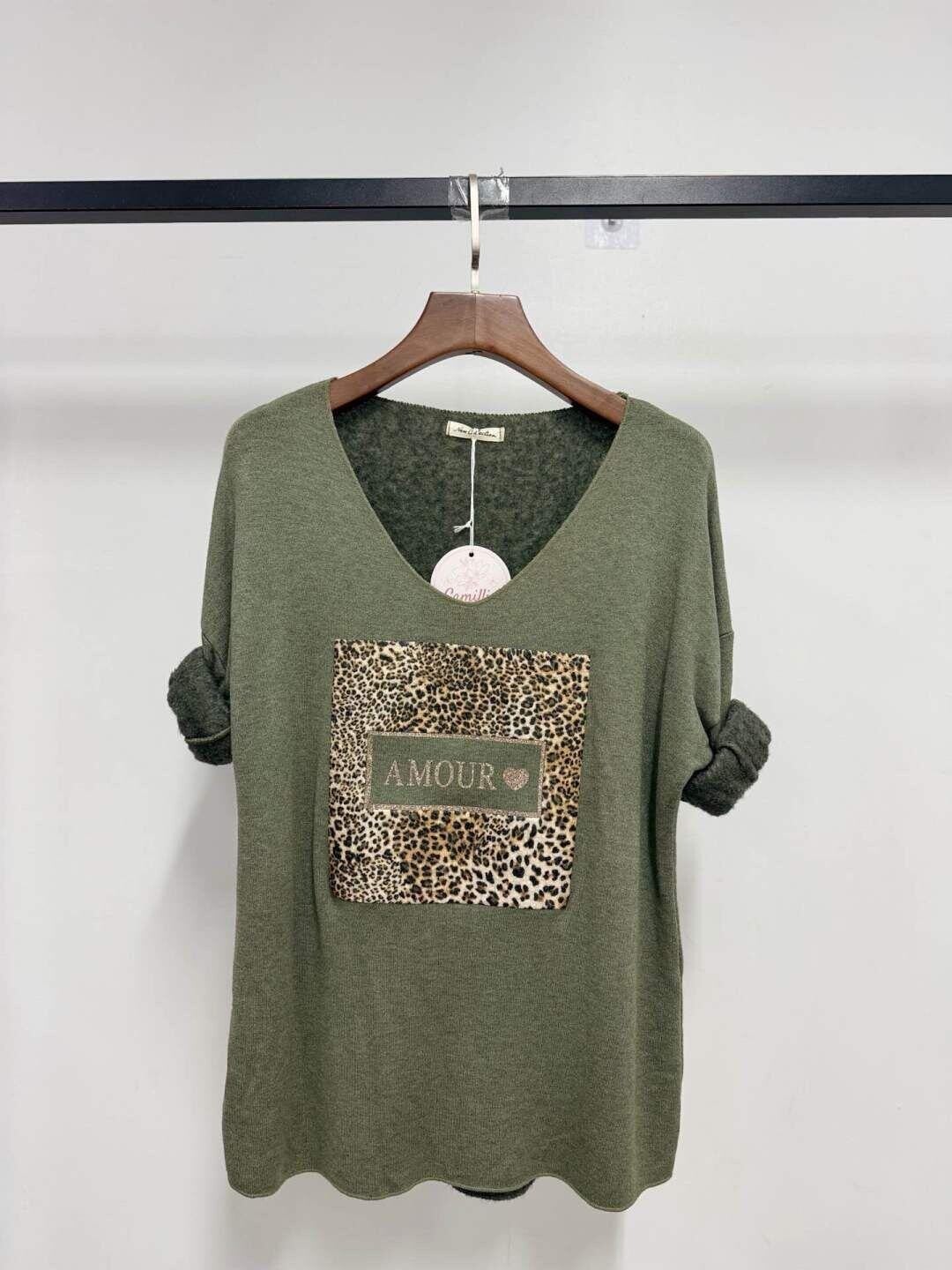 Pull col V - Amour - Kaki