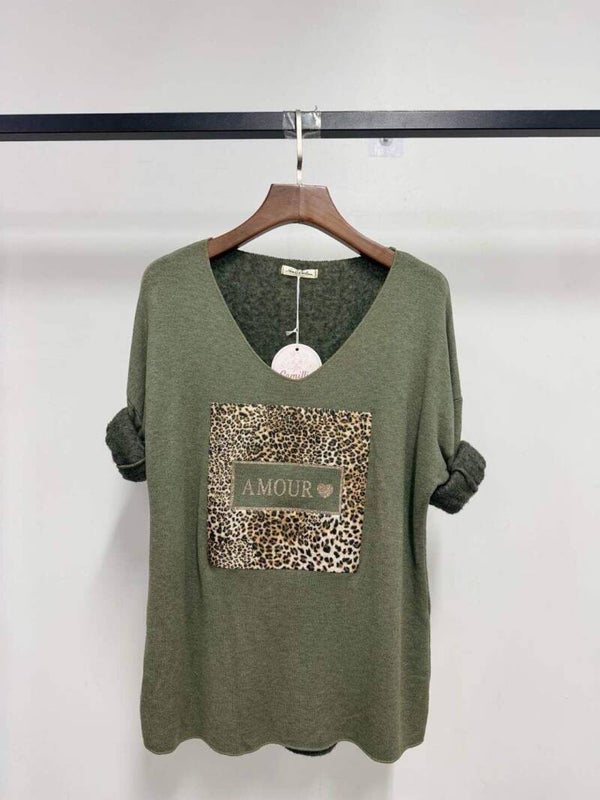 Pull col V - Amour - Kaki