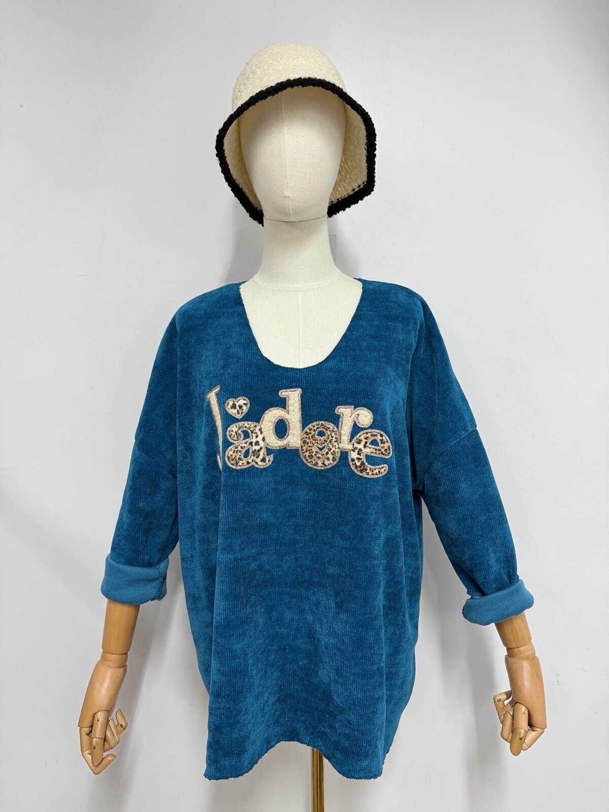 Pull velours - J'adore - Bleu sarcelle