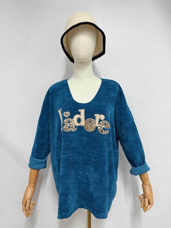 Pull velours - J'adore - Bleu sarcelle