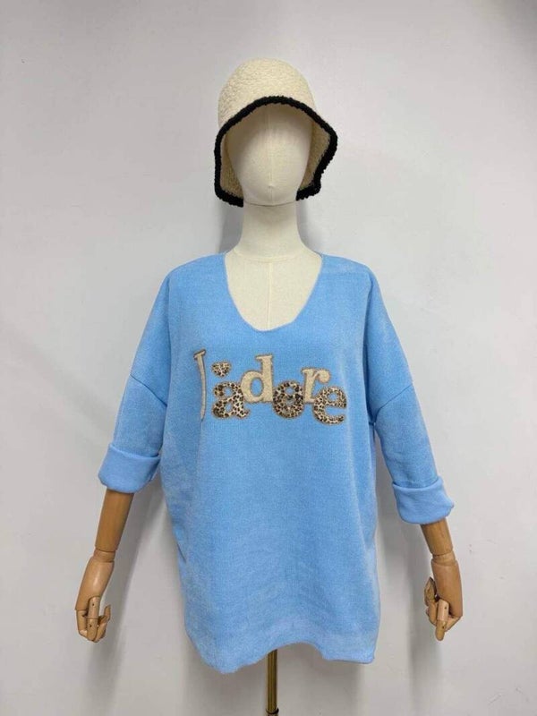 Pull velours - J'adore - Bleu ciel