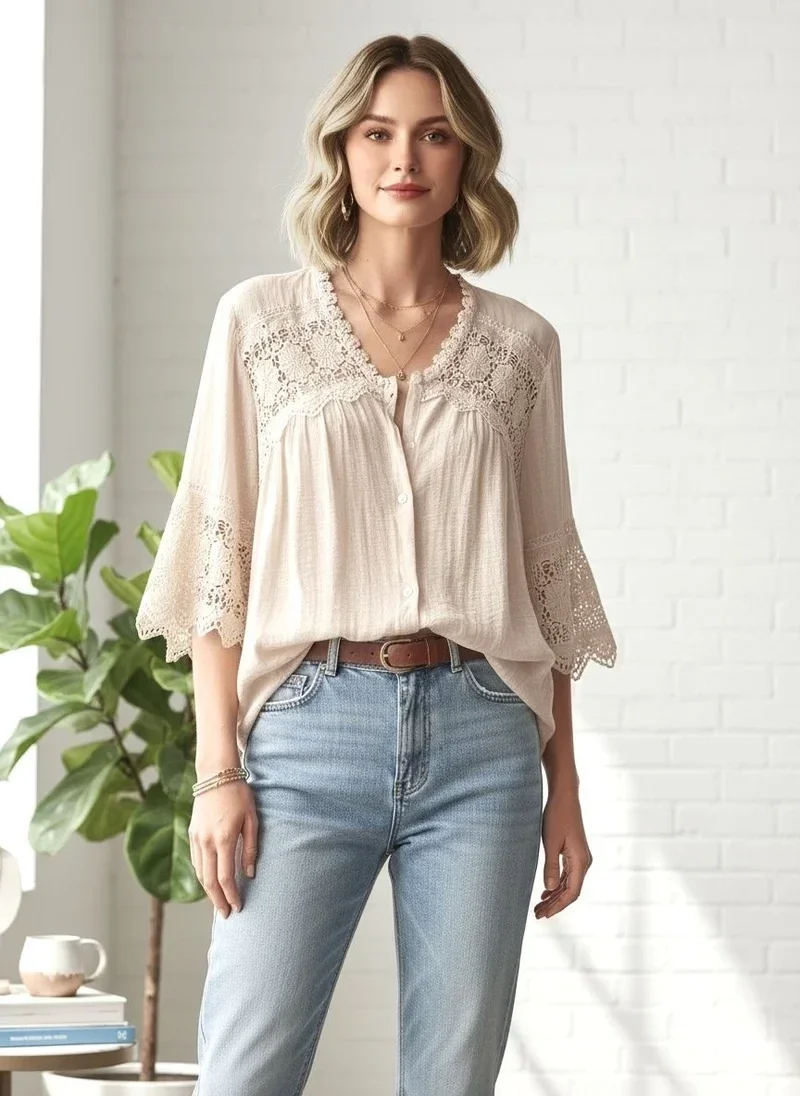 Chemise bohème-chic finitions dentelles Manches évasées aux coudes -