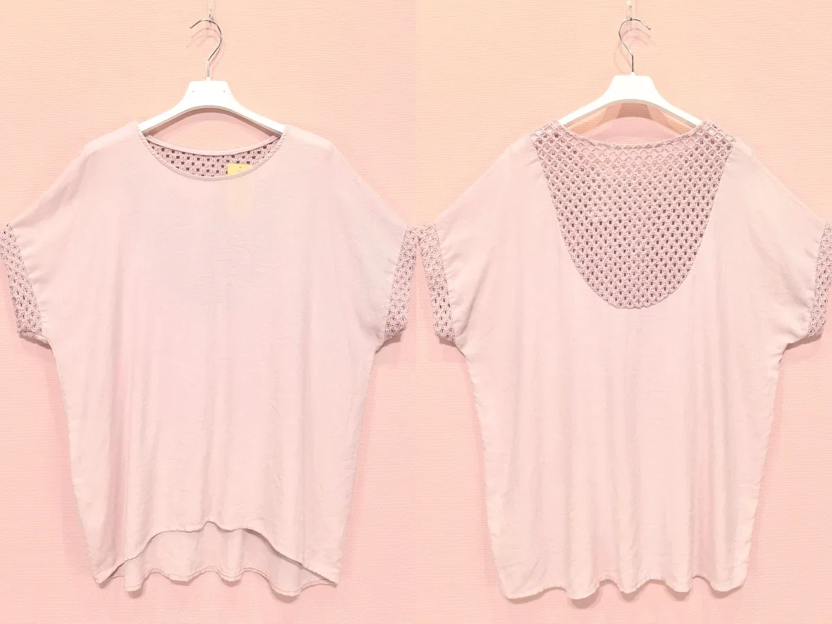 Blouse col rond - dentelles manches et dos - Rose Poudré