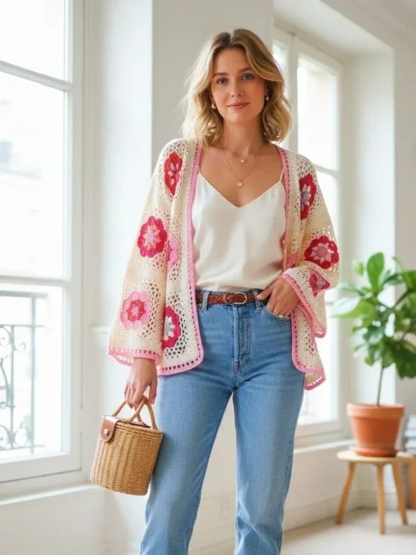 Gilet En Crochet Granny Square - Rose