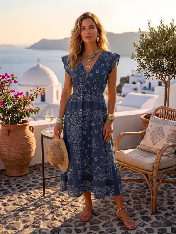 Robe en gaze de coton imprimée Paisley - Marine