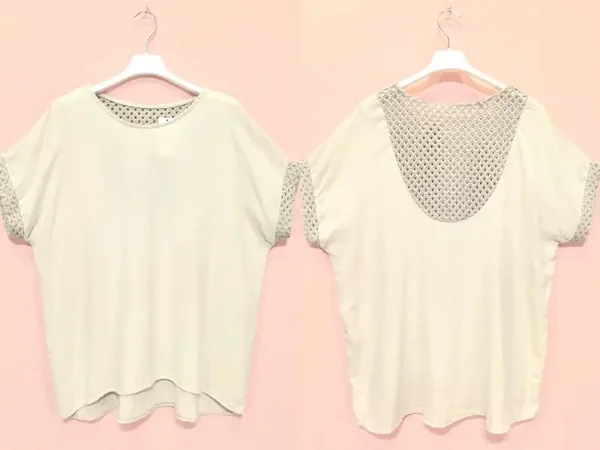 Blouse col rond - dentelles manches et dos - Ecru