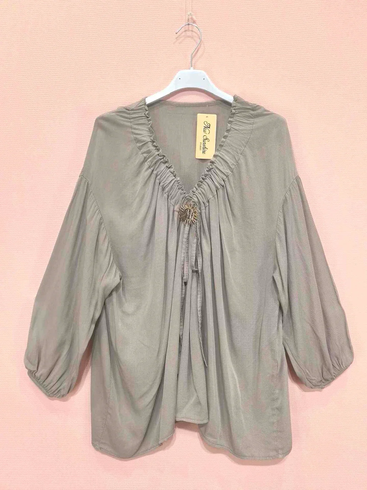 Blouse bohème col fronçé -Taupe V40