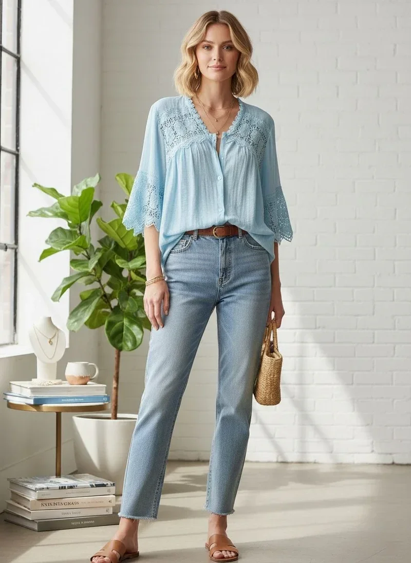 Chemise bohème-chic finitions dentelles Manches évasées aux coudes -