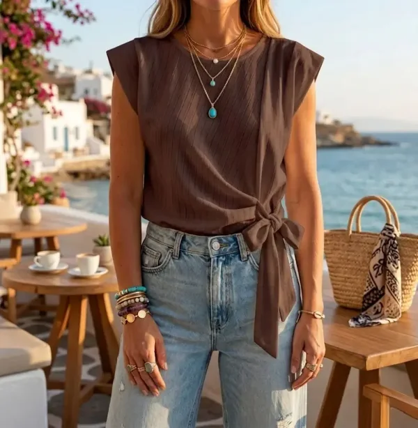 Top drapé à nœud - Chocolat