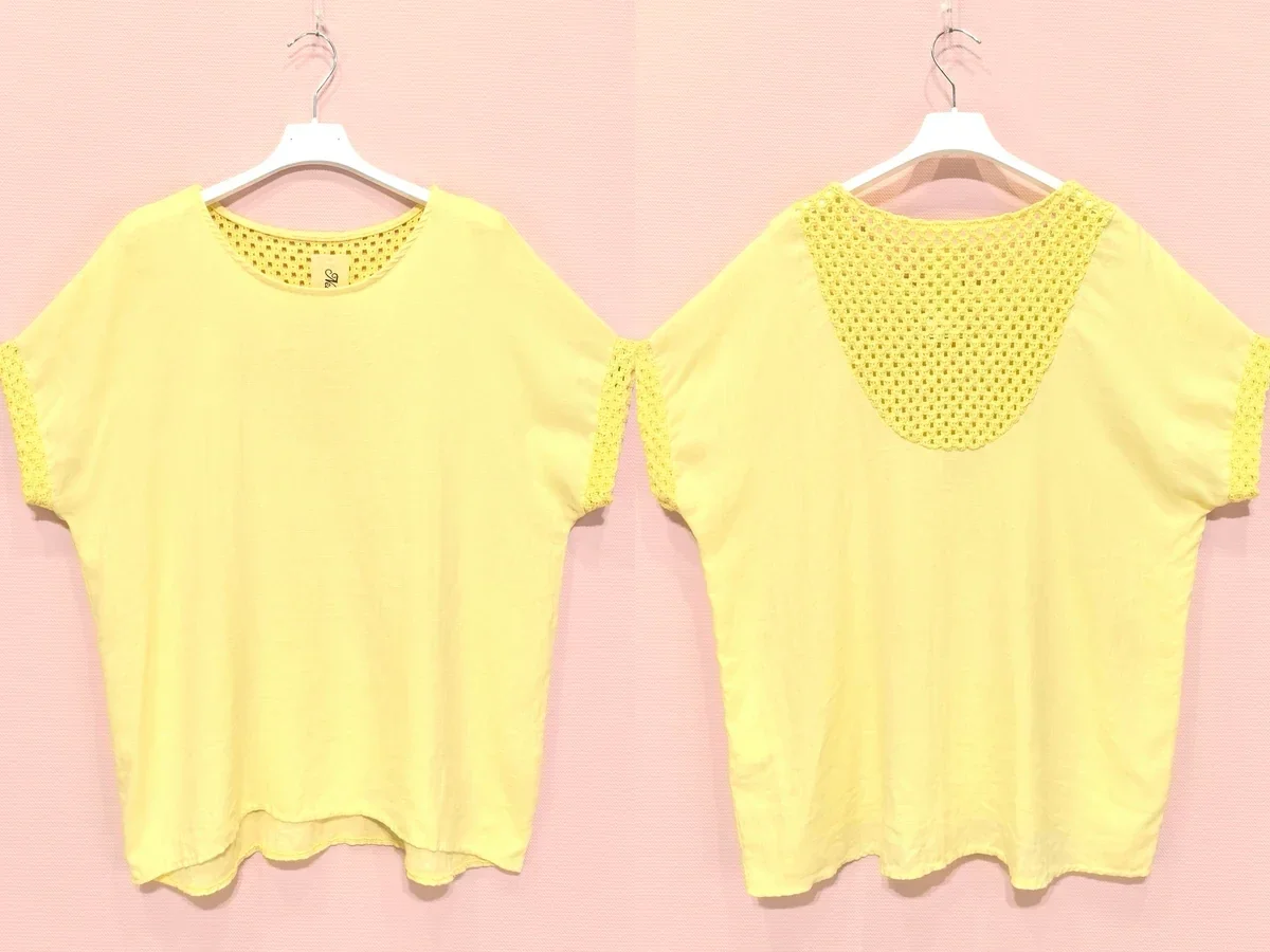 Blouse col rond - dentelles manches et dos - Jaune