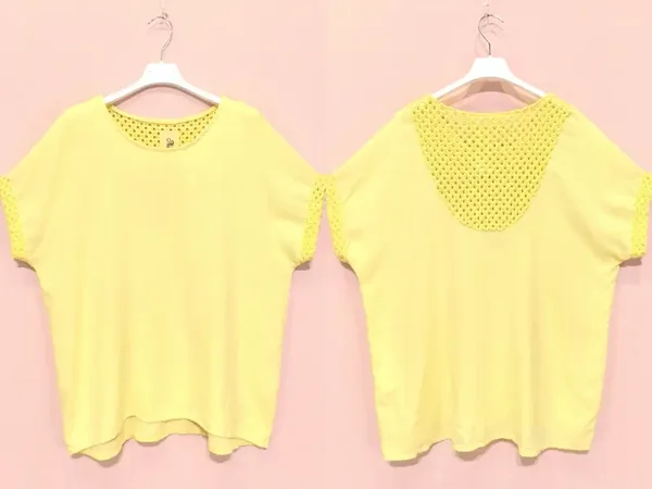 Blouse col rond - dentelles manches et dos - Jaune