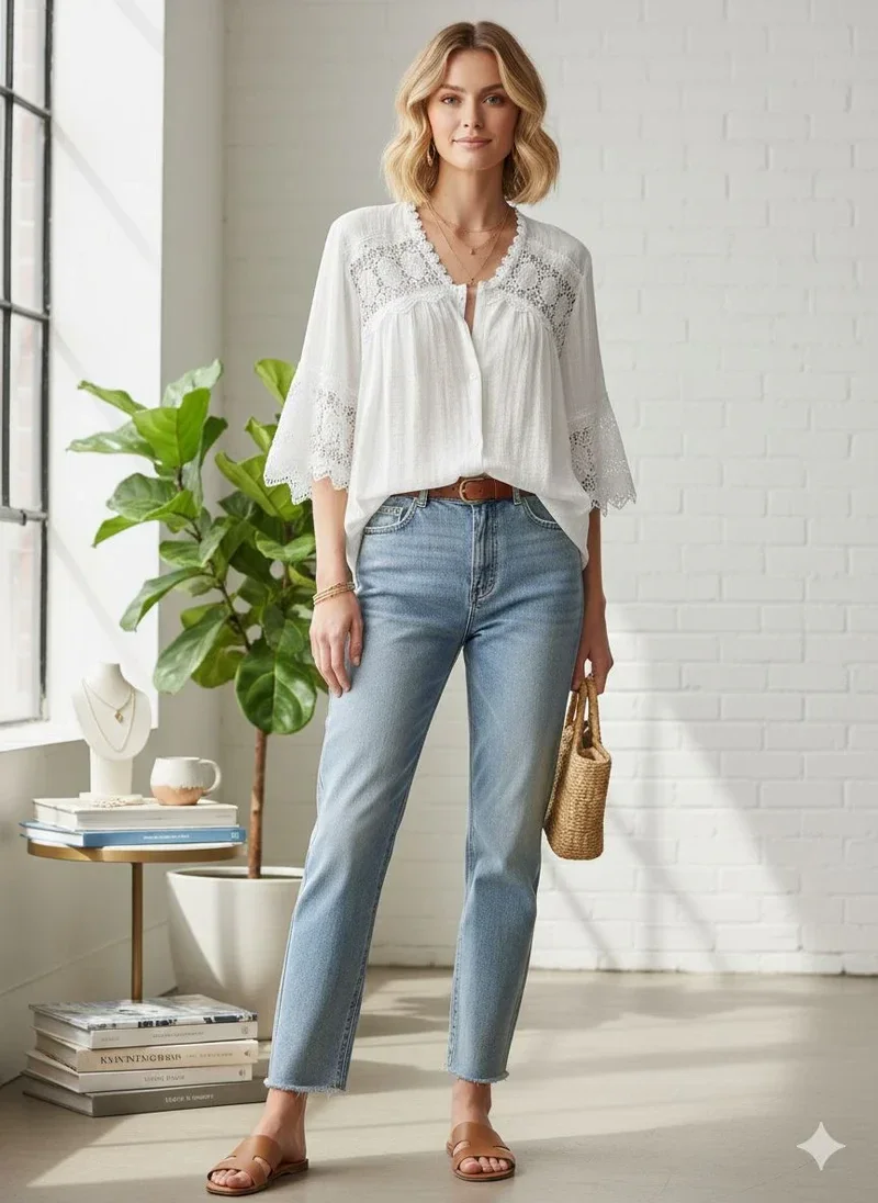 Chemise bohème-chic finitions dentelles Manches évasées aux coudes -