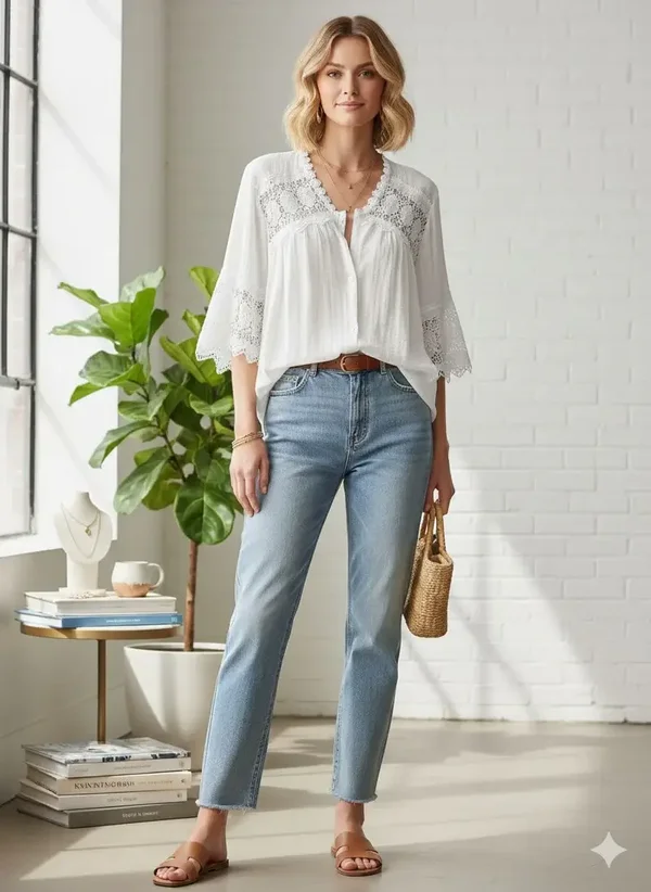 Chemise bohème-chic finitions dentelles Manches évasées aux coudes -