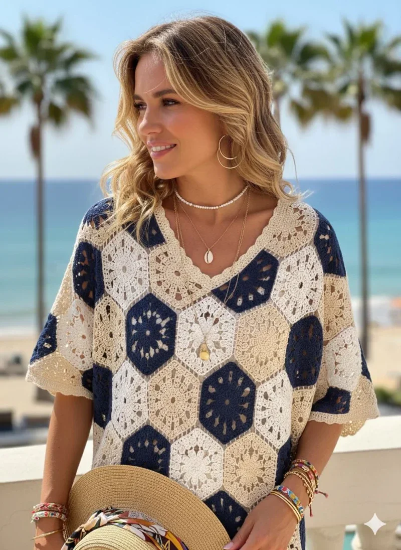 Top En Crochet - Marine, beige, blanc