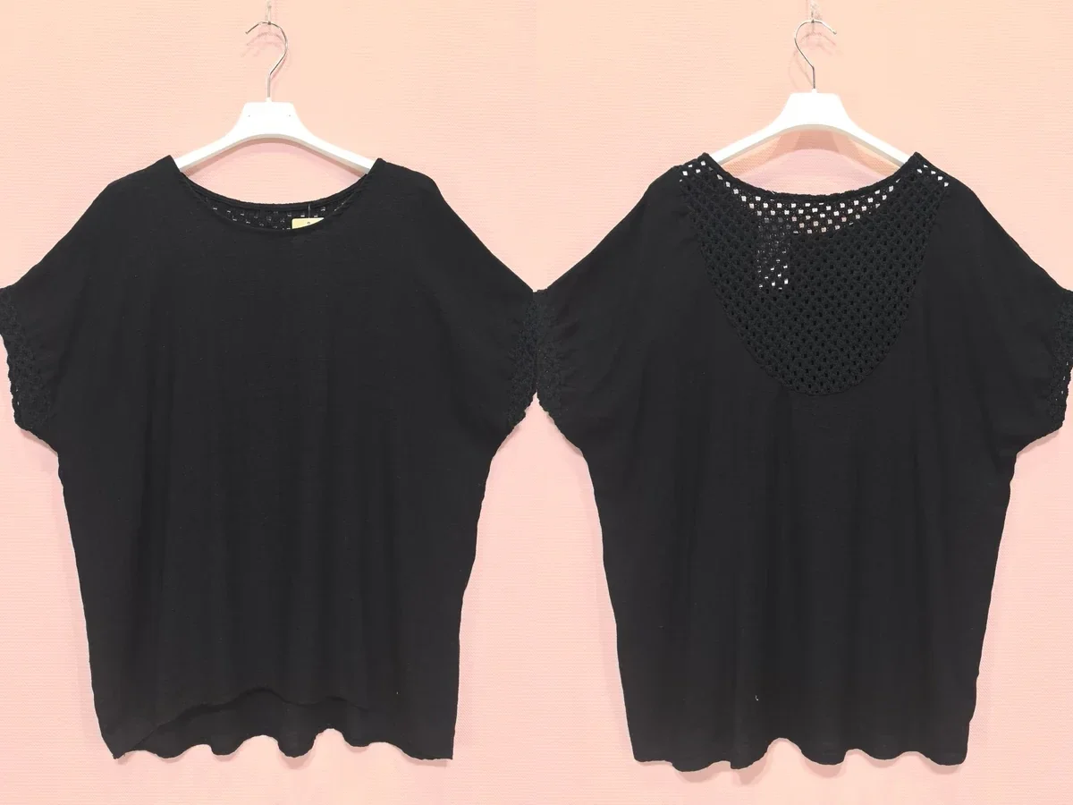 Blouse col rond - dentelles manches et dos - Noire